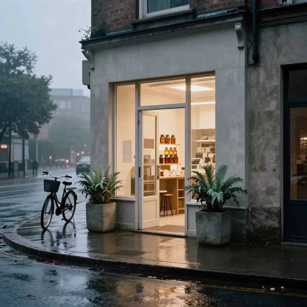 Rain-soaked dispensary corner with glowing door, planters, flower jars and bike at blue hour.