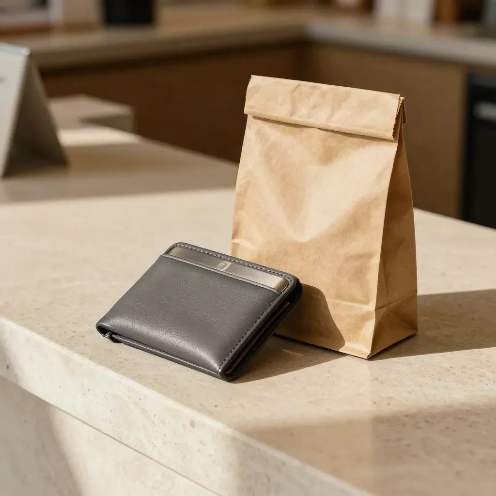 Wallet, card sleeve, and sealed paper bag resting on a stone dispensary check-in counter.