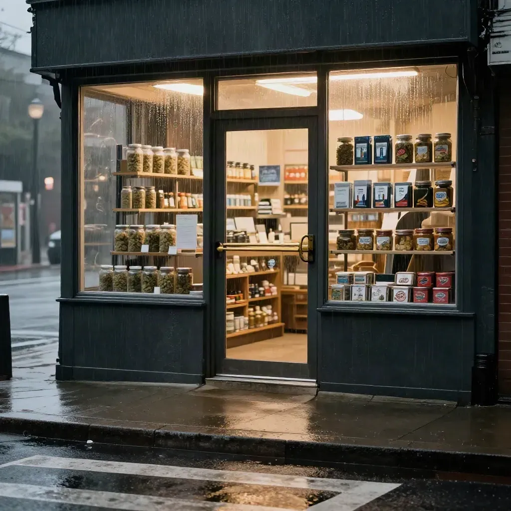 Late-night dispensary storefront in rain with glowing interior and wet crosswalk