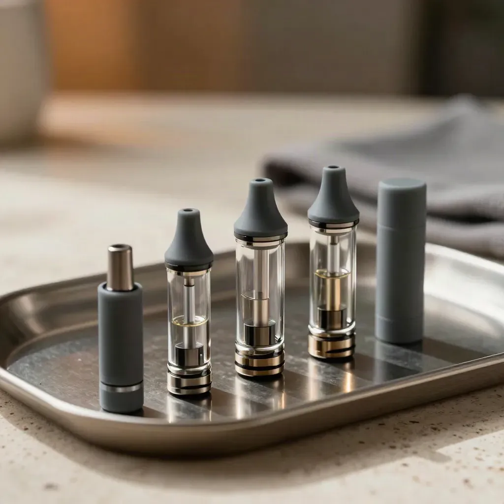 Vape cartridges, slim batteries, and caps arranged on travertine beside a metal tray.