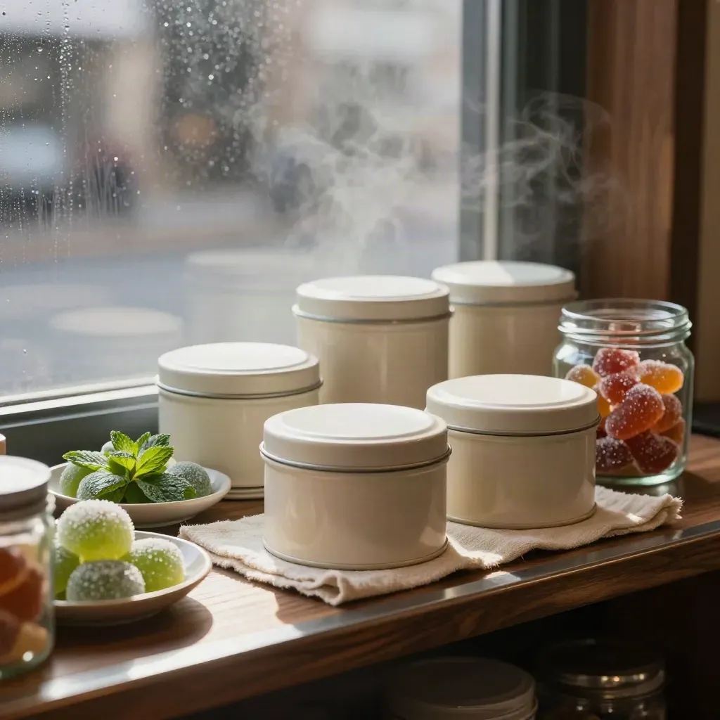 Foggy Portland edible display with tins, mints, and gummies by a window