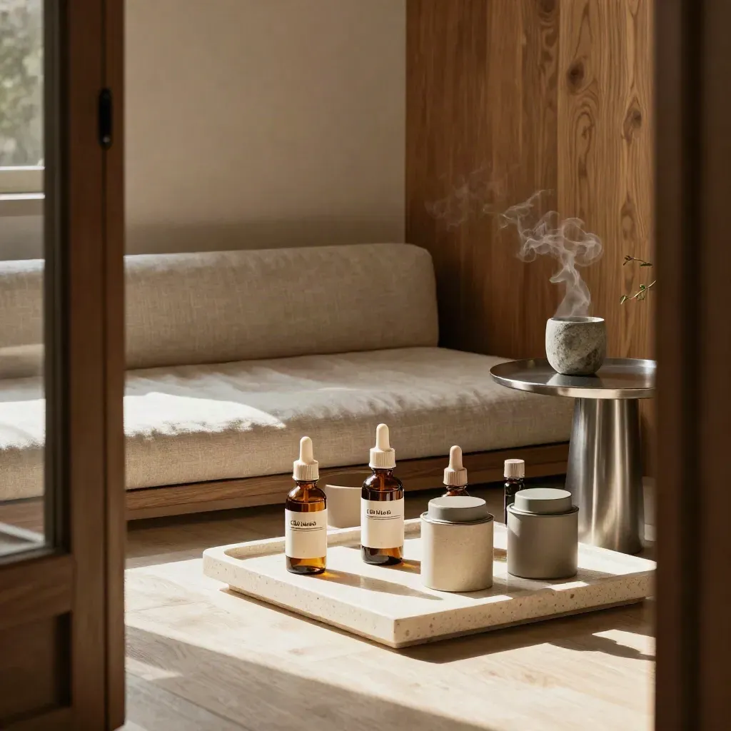 Quiet dispensary lounge corner with CBD tinctures, tea tins, steam, and morning light.