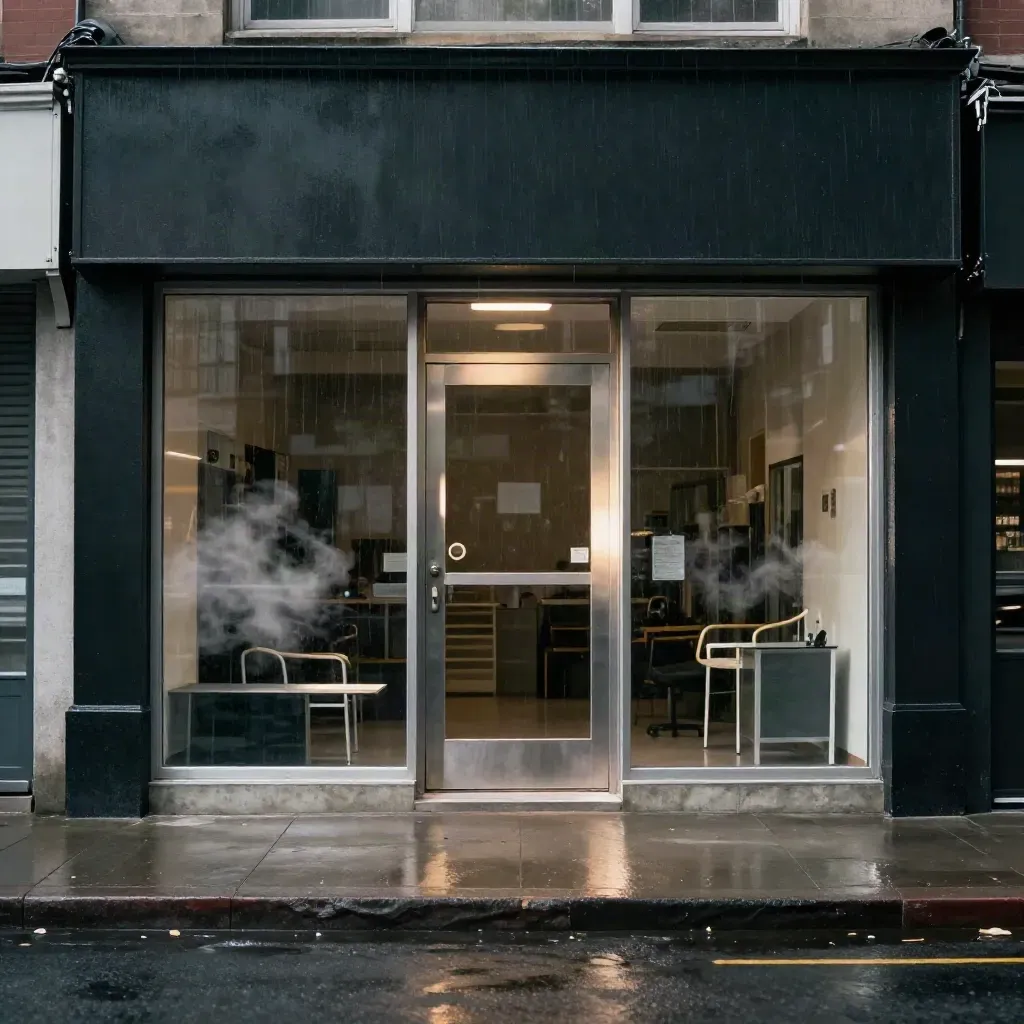 After-hours dispensary storefront with half-open gate and misty empty sidewalk