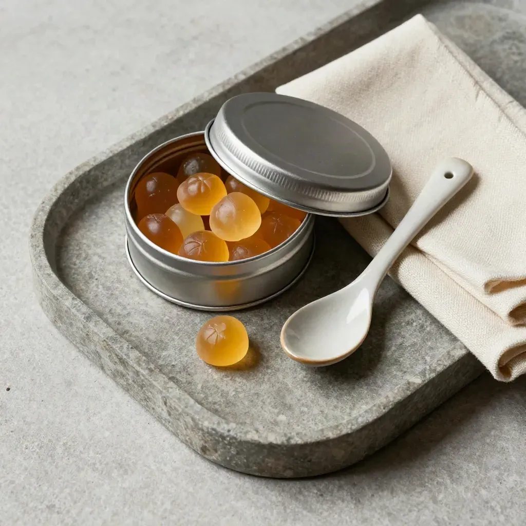 Open citrus gummy tin with spoon and cream cloth on a stone tray, top-down.