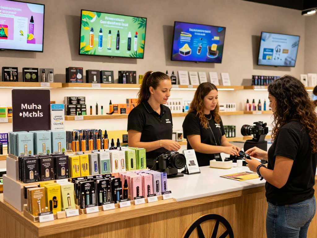 Muha Meds vibrant retail display with diverse cannabis products and engaging staff.